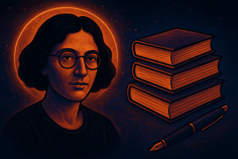 beeld met Simone Weil, boeken en een pen, campagnebeeld cursusaanbod Stadsklooster Utrecht 2026